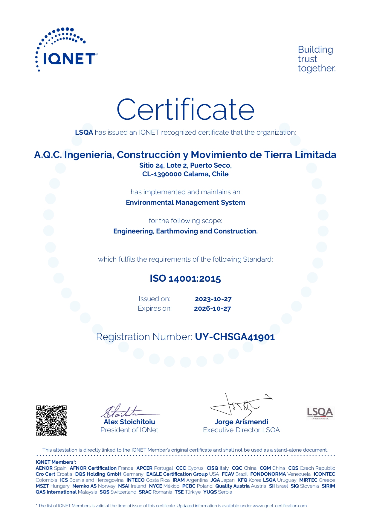 Certificado ISO 14001 IQNET AQC LTDA